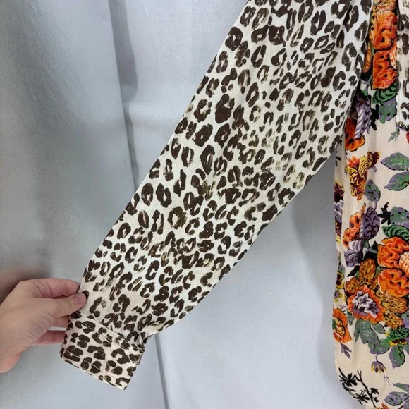 Pilcro by Anthropologie Leopard Floral Patchwork Button Down Shirt Medium Boho - Picture 6 of 8